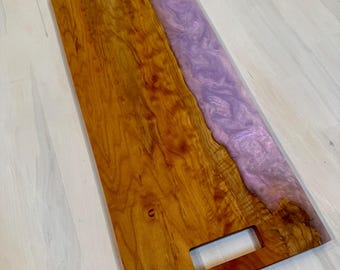 Extra Large Double Sided Curly Maple & Flawless Fuchsia Swirl Charcuterie Board Cutting Cheese Board. Natural Routed Handles on each End