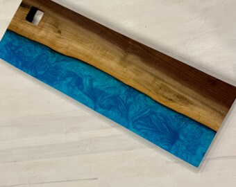 Double Sided Beautiful Rich Black Walnut w/ Blue/Green Swirled Epoxy Charcuterie Board Cheese Board