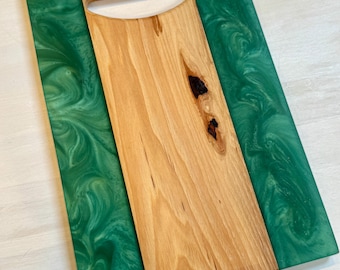 Double Sided Hickory with Hunter Bright Green Swirls Cheese Cutting Board Charcuterie Board. Natural Routed Handle