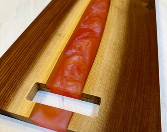Double Sided Black Walnut & Liquid Fire Swirl Charcuterie. Natural Routed Handle Cheese Board