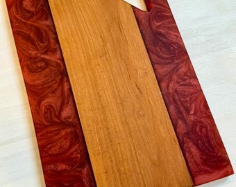 Double Sided Cherry with Merlot Red Swirls Cutting Board Cheese Charcuterie Board. Natural Routed Handle
