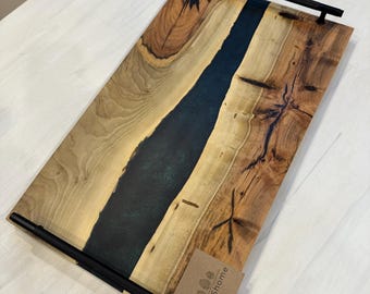 Natural Rustic Hickory Live Edge w/ Lux Emerald Green Swirl & Black Industrial Nickel Handles Charcuterie Board Cheese Board
