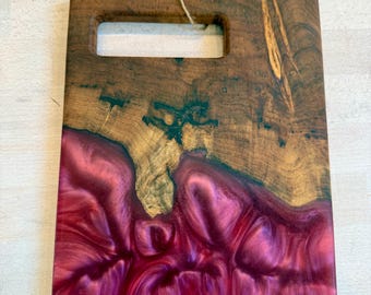 Double Sided Buckeye Burl & “Savage Red” Swirl Charcuterie. Natural Carved Handle Cheese Board