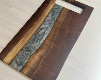 Double Sided Black Walnut & Liquid Metal Pearl Swirl Charcuterie.Natural Routed Handle Cheese Board