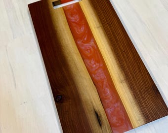 Double Sided Black Walnut & “Liquid Fire” Swirl Charcuterie. Natural Routed Handle Cheese Board