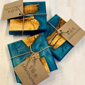 Bora Coasters Imported Olive Wood & Epoxy Swirl Coaster Trivet Set of 2 - Bora Bora Blue - Read Description for Details