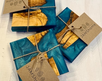 Coasters Imported Olive Wood & Epoxy Swirl Coaster Trivet Set of 2 - Bora Bora Blue - Read Description for Details