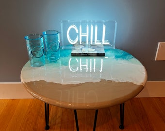 Beach Fluid Acrylic Paint/Epoxy Resin Coffee/End Table with Hairpin Legs
