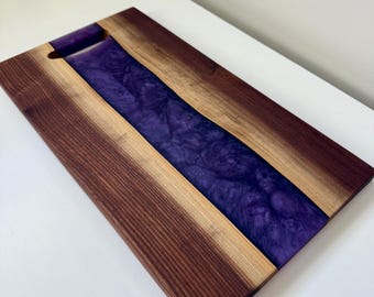 Double Sided Black Walnut & Golden Purple Rain Swirl Charcuterie. Natural Routed Handle Cheese Board