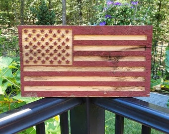 American Flag from 1900's Reclaimed Natural Red Barn Siding - CNC Stars & Stripes Carved USA Flag. Cool decor.