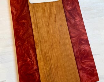 Double Sided Cherry with Merlot Red Swirls Cutting Cheese Board Charcuterie Board. Natural Routed Handle