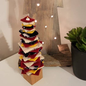 Bead Topped Hand Felted Christmas Tree with Reclaimed Wood Base.