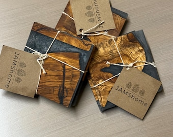 Coasters Imported Olive Wood & Epoxy Swirl Coaster Trivet Set - Silver Gray Swirl