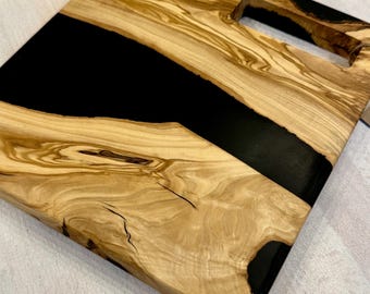 Double Sided Imported Olive Wood w/ Flat Black Charcuterie Cheese Board. Natural Carved Handle