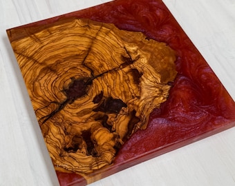 Chunky Live Edge Olive Wood Charcuterie Board Cutting Board w/ Dragons Breath Red Swirls Cheese Board