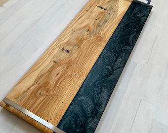 Large Natural Rustic Hickory Live Edge w/ Diamond Battleship Gray Swirl & Brushed Nickel Handles Charcuterie Board Cheese Board