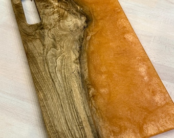 Double Sided Myrtle & “Peach/Orange” Swirl Charcuterie. Natural Routed Handle Cheese Board
