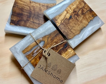 White Pearl Coasters Imported Olive Wood & Epoxy Swirl Coaster Trivet Set of 2 - White Pearl Swirl - Read Description for Details