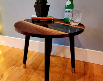 SOLD - Custom Handmade Side Table! Black Walnut Live Edge w/ Diamond Aluminum Epoxy Swirl. Black Wood Legs w/ Polished Chrome. FREE SHIPPING