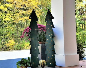 Green Lighted Wood Christmas Tree, Hand Made, Plug-In Inserted Lights or Battery Wrapped LED - FREE Shipping