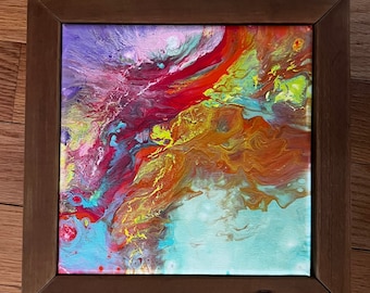 Abstract "Raging Colors" Acrylic Pour Painting in Frame