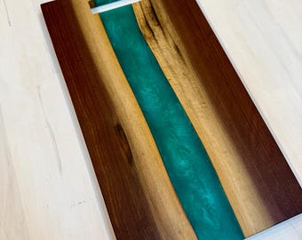Double Sided Black Walnut & Iridescent Green Swirl Charcuterie. Natural Routed Handle Cheese Board