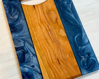 Double Sided Hickory with Slate Blue Swirls Cutting Cheese Board Charcuterie Board. Natural Routed Handle