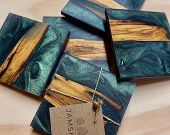 Lux Green Coasters Imported Olive Wood & Epoxy Swirl Coaster Trivet Set of 2 - Lux Green Swirl - Read Description for Details