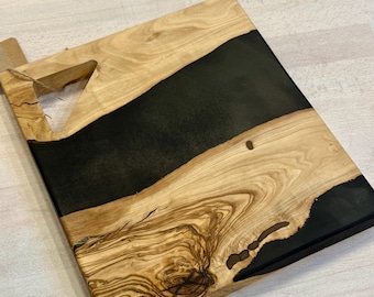 Double Sided Imported Olive Wood w/ Flat Black Charcuterie Cheese Board. Natural Carved Handle