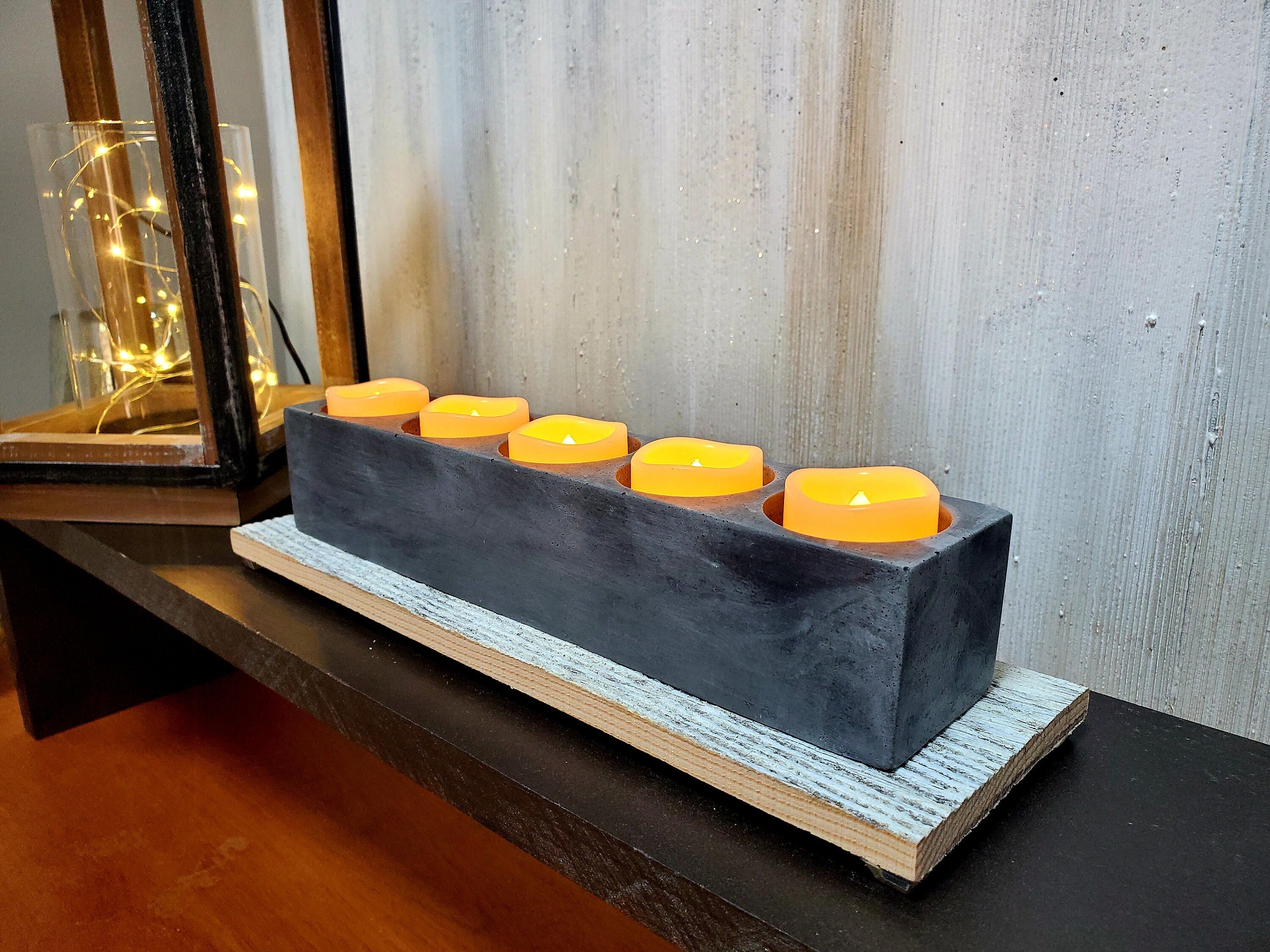 Hand Molded Concrete Votive Holder with 5 flameless Flicker Votives on