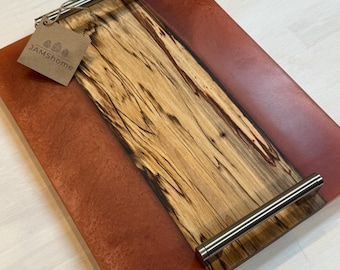 Live Edge Spalted Maple with Copper Swirl Charcuterie Board. Brushed Nickel Handles.
