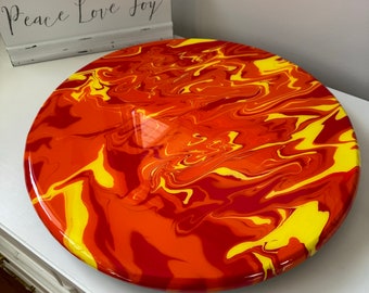 Red/Orange/Yellow Swirl Fluid Acrylic Resin Charcuterie Board With Lazy Susan Base