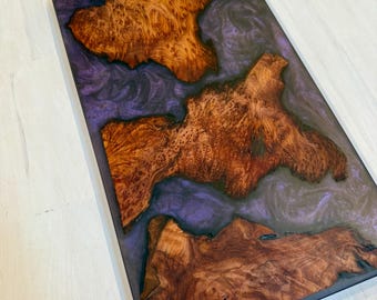 Large Chunky Redwood Islands & Lux Violet Swirl Charcuterie Board Cutting Board. Natural Routed Handle Cheese Board