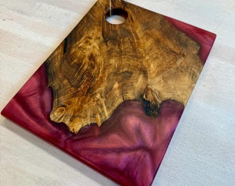 Double Sided Buckeye Burl & “Savage Red” Swirl Charcuterie. Natural Carved Handle Cheese Board