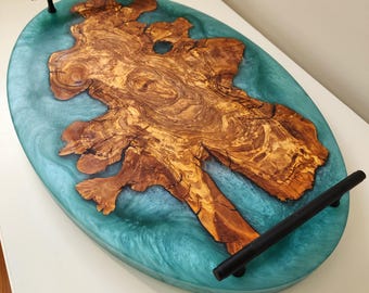 Chunky Live Edge Oval Olive Wood Charcuterie w/ Caribbean Blue Swirl. Industrial Black Handles Cheese Board