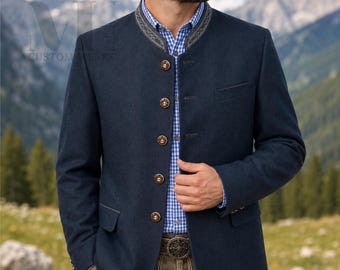 Chaqueta Trachten bávara para hombre gris azul / Janker de lana alemana / chaqueta Oktoberfest, blazer alpino tradicional, abrigo de boda Lederhosen