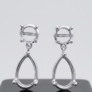 925 Sterling Silver Semi Mount Dangle Drop Wedding Earrings, Round & Teardrop, Empty Studs, DIY Jewelry Making, Women's Bride Earrings Gifts