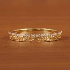 Vintage Cubic Zirconia Wedding Bridal Band, Classic Scrollwork Filigree CZ Ring, 14K Gold Stacking Proposal Ring, Anniversary Band for Her