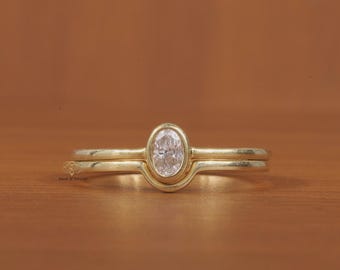 Oval Cubic Zirconia Bridal Ring Set, 14K Solid Gold Bezel Wedding Bridal Ring, Minimalist Stackable Proposal Ring, Anniversary Gift For Her