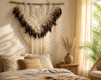 Boho Feather Macrame Wall Hanging, Handwoven Cotton Tapestry 100cm Wide, Rustic Fringe Wall Decor for Bedroom Living Room