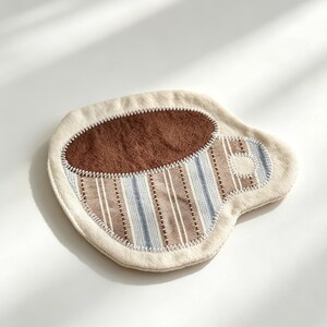 Handmade Patchwork Coffee Cup Shaped Coaster, Neutral Striped Fabric Mug Mat, Wabi-Sabi Stitched Table Decor, Heat Resistant Drink Coaster