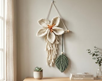 Hand-Knitted Macrame Flower Wall Hanging, Boho Nordic Cotton Tassel Decor