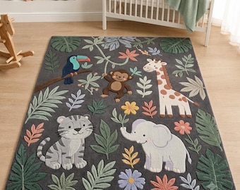 Alfombra de animales de la selva Safari, alfombra hecha a mano para guardería infantil, alfombra de jirafa, elefante, mono, tigre y tucán, linda alfombra de animales para sala de juegos, Bab