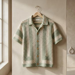 Crochet Shirt For Men,  Granny Square Button Shirt,  Short Sleeve Summer Shirt, Easy  Classic Collar Shirt, Instant Download