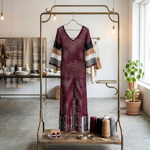 May include: A long-sleeved, V-neck crochet dress in deep burgundy with a grid pattern. The sleeves feature horizontal stripes in black, tan, white, and gray. The hem is finished with long, multi-colored fringe. The dress hangs on a metal hanger.