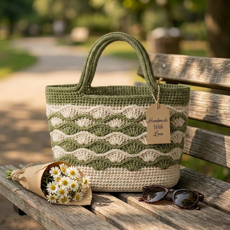 May include: A crochet tote bag featuring a two-tone olive green and cream wave pattern with a solid cream base and two handles. A brown paper tag attached to the handle displays the text Handmade With Love. A bouquet of daisies and sunglasses are nearby.