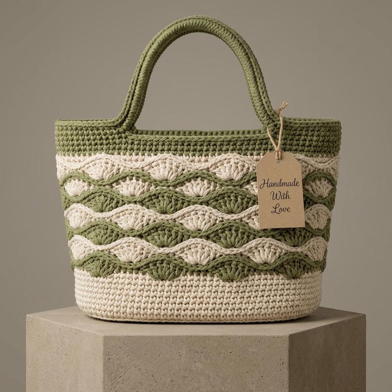 May include: A crochet tote bag featuring a two-tone olive green and cream color scheme with a wavy shell stitch pattern. The bag has two sturdy handles and a brown paper tag attached with string that reads, "Handmade With Love" in black script.