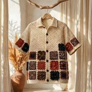 May include: A short-sleeved button-down shirt crafted from cream-colored crochet yarn. The garment features a collar and a grid of square patches in varying textures and shades of brown, rust, and black, arranged across the lower front.