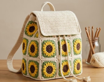 Crochet Backpack, Granny Square Kid's Bag,  Printable bag pattern, Cute Bag Gift, Beginner  Square Bag, Sunflower Bag Pattern