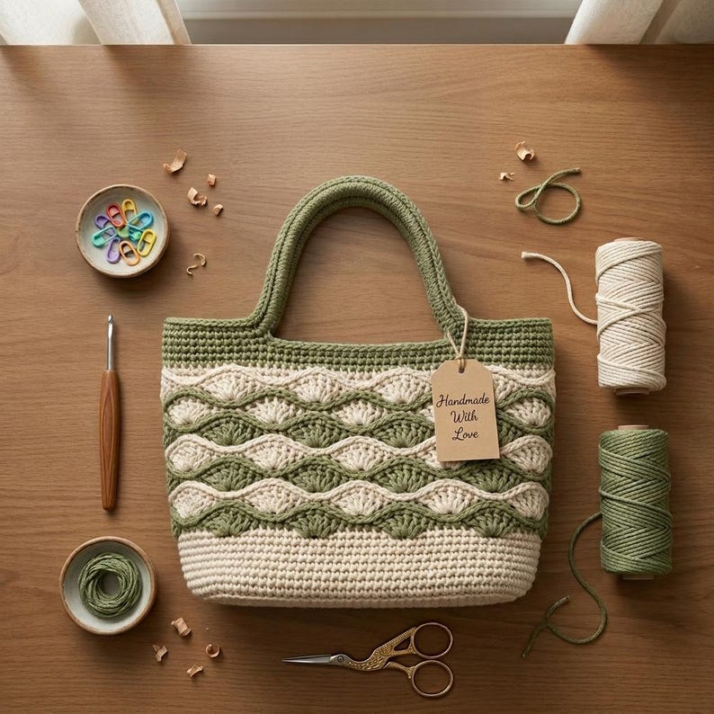 Crochet Tote Bag Pattern, Crochet Market Beach Bag, Wave Fan Stitch Bag, , Shoulder Tote Bag, Crochet Stitch Bag, Instant Download image 2